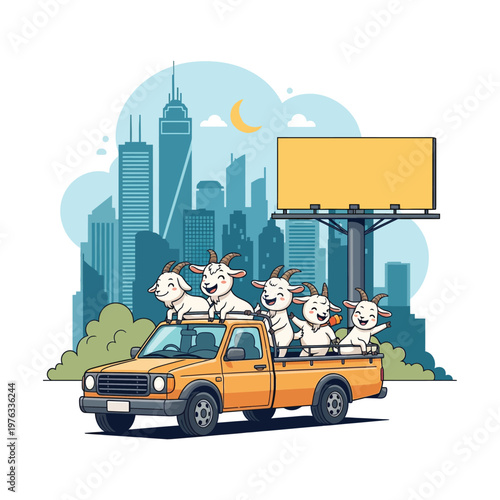 Cartoon illustration of five happy goats riding in the back of a yellow pickup truck with a city skyline and a large billboard in the background.