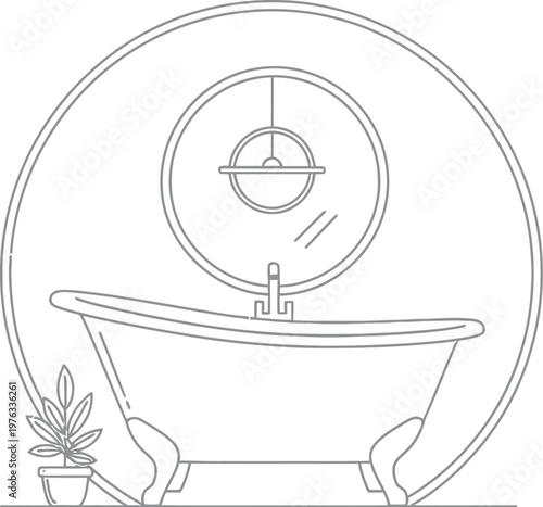 Minimalist line art illustration featuring a modern clawfoot bathtub, round mirror, and a small potted plant, set within an elegant circular frame for home decor and hygiene concepts.