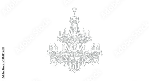 Elaborate and elegant vintage crystal chandelier drawing with multiple tiers and intricate details illuminating a luxurious space for upscale design projects.