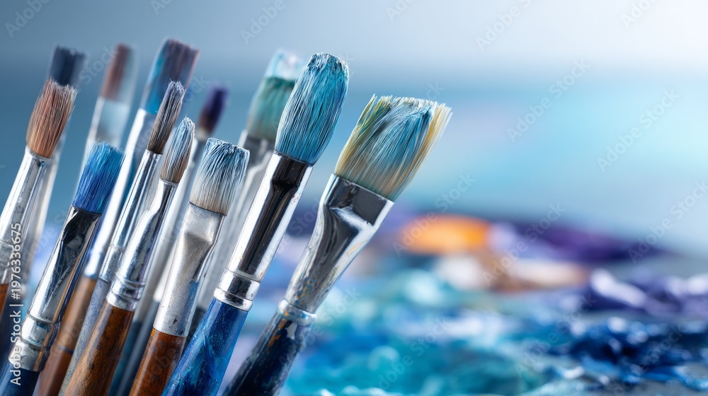 Fototapeta premium Close-Up of Paintbrushes on a Painter's Palette with Mixed Colors