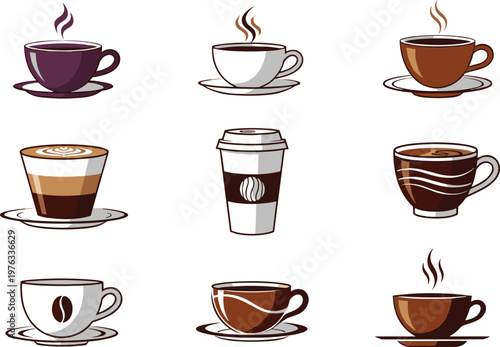Coffee Cup Collection Vector Illustration Set Featuring Espresso Latte Cappuccino Takeaway Cups and Hot Drink Mug Designs for Cafe and Beverage Branding