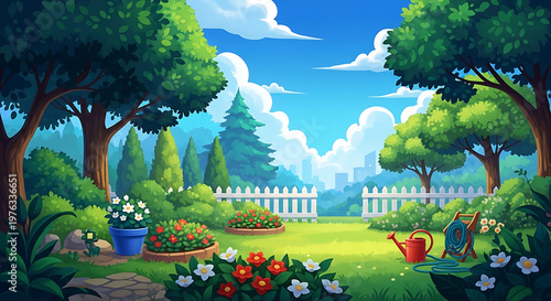 Idyllic garden landscape with vibrant flowers and lush greenery under a bright sky