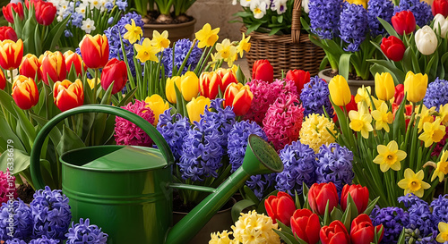 Vibrant spring bloom a colorful garden scene with tulips hyacinths daffodils and a watering can