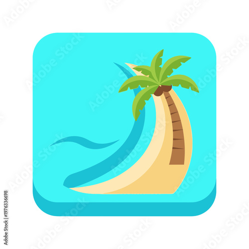 Palm tree on sandy beach shore.