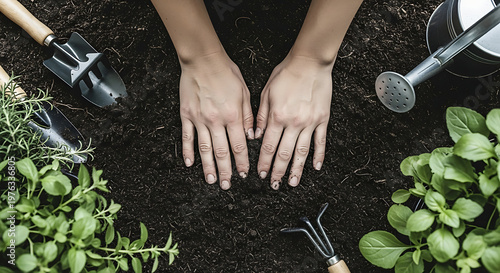 Hands gently nurturing seedlings in rich soil preparing for a flourishing garden with gardening tools nearby