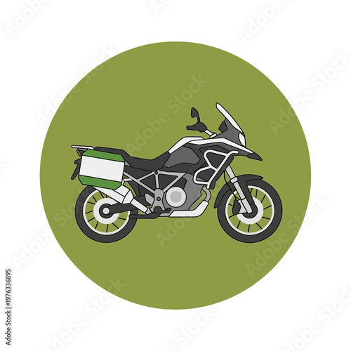 Motorcycle with luggage on back wheel.