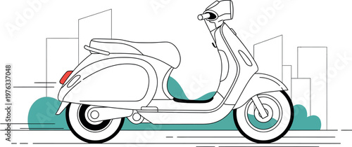 Minimalist line art illustration showcasing a classic retro scooter with a stylish vintage design and subtle teal accents, perfect for modern urban transport and quick city travel.