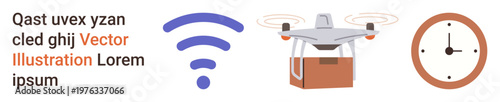 Logistics, delivery services, future technology, automation, e-commerce, time management. quadcopter carrying a package, wireless symbol and clock. Logistics and delivery services concept