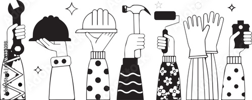 Title whimsical black and white illustration of various hat designs on stands description a charming black and white illustration features a collection