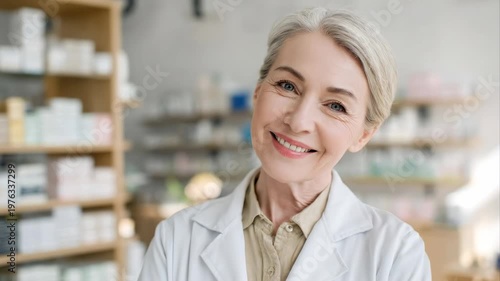 Friendly experienced senior female pharmacist in white coat, smiling at camera in modern drugstore. Healthcare and trust concept