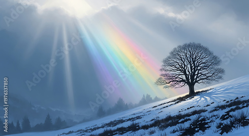 A majestic rainbow emerges through winter storm clouds illuminating a solitary tree in a snowy landscape