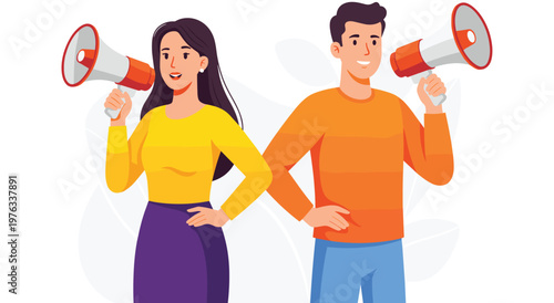 Young professional couple using loud speakers to spread message or news against abstract background for marketing campaign social media advertising or public speaking event.