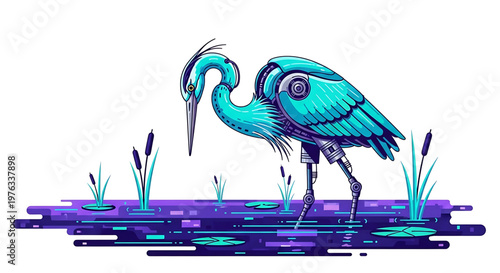 A vibrant robotic heron stands in a futuristic wetland with cattails and water lilies