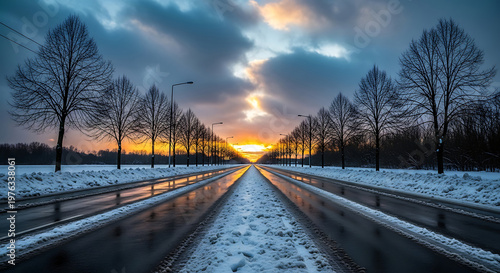 Winter road to sunset a snowy landscape with silhouetted trees and dramatic sky