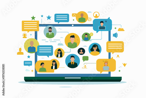Online communication on a laptop with a collection of people connected to each other by conversation, including people in chat bubbles. Internet social network illustration.