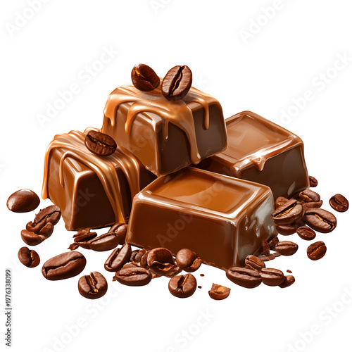 Gourmet chocolate pralines with caramel sauce and coffee beans isolated on white background.