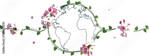 Outline map of the world surrounded by delicate pink cherry blossom flowers and green vines representing environmental awareness and the beauty of our living planet