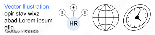 Business management, human resources, professional development, productivity, career growth, and teamwork. HR icon connected to employees, globe and clock symbols. Human resources and business