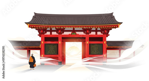 A serene Asian-style temple gate with a monk walking towards it on a peaceful day