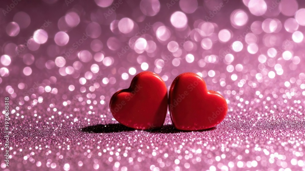 Obraz premium Two red heart shapes leaning together on pink bokeh background