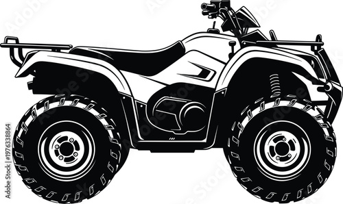 Side View of an ATV (All-Terrain Vehicle), Black and White Detailed Vector Illustration for Adventure, Off-Road, and Transportation Design