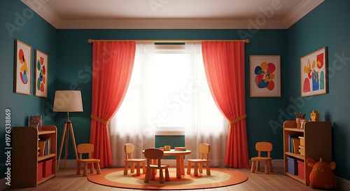 Elegant interior design a cozy room with red curtains and artistic wall decor