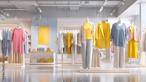 Modern Retail Space with Stylish Mannequins Showcasing Colorful Clothing Collection