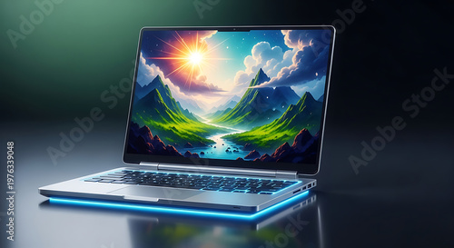 Futuristic laptop displaying a vibrant fantasy landscape with mountains sky and glowing light