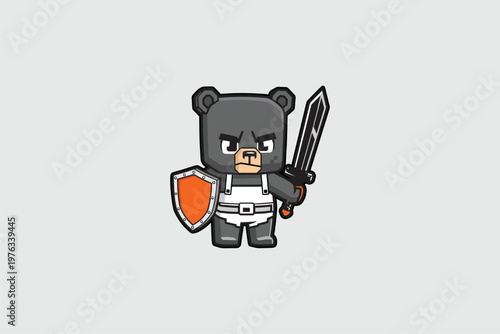 Playful bear cartoon character pixel block style vector logo template