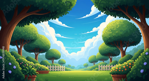 Enchanting garden vista a lush landscape with manicured trees and a glimpse of distant mountains