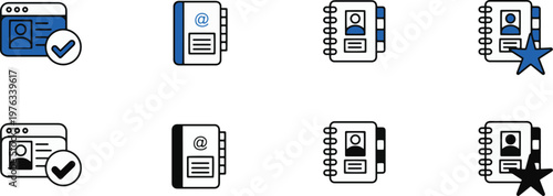 Set of eight UI document icons with checkmarks stars on transparent background for business organization and productivity concepts