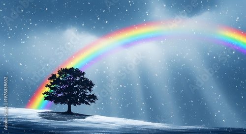 A vibrant rainbow arches over a snowy landscape with a lone tree creating a serene and hopeful scene