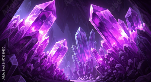 Mystical amethyst crystals a vibrant and ethereal landscape of purple geodes and sharp formations