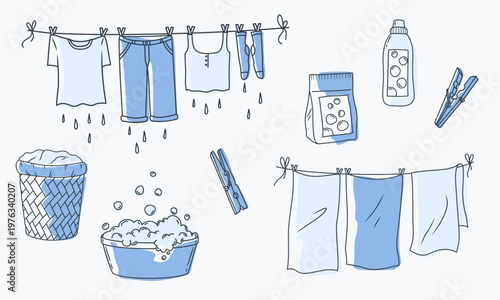 Laundry day hand drawn doodle set. Washing clothes, laundry line, soap bubbles, and detergent icons. Blue and white vector illustration.