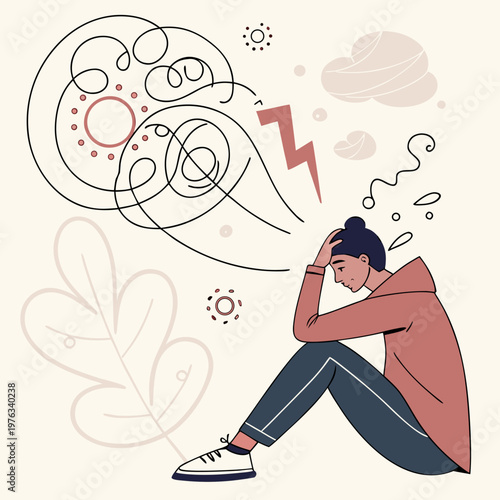 Person experiencing mental anguish with chaotic thoughts and storm symbols mental health tangled thoughts inner turmoil