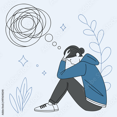 Blue-toned illustration of a person contemplating tangled thoughts with a sense of sadness mental health inner turmoil
