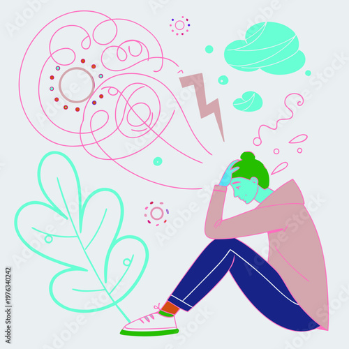 Illustration of stressed person with chaotic thoughts and stormy elements mental health emotional turmoil tangled thoughts