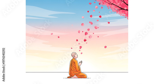 A serene Buddhist monk meditating under a blooming cherry blossom tree with petals floating gently in the air
