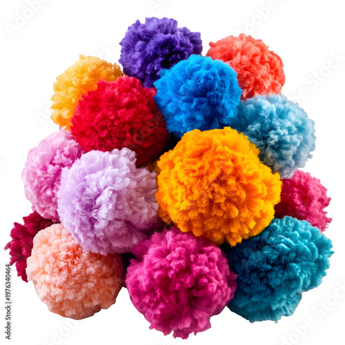 Heap of colorful fluffy pom-poms isolated on white background