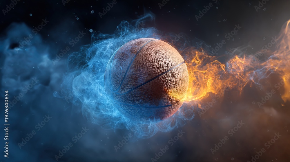 Fototapeta premium Basketball in motion surrounded by fire and smoke effects