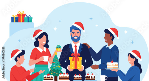 Group of diverse friends wearing santa hats gathering for holiday dinner with cake and cupcakes. Businessman holding gift box while others talk and enjoy festive snacks together.