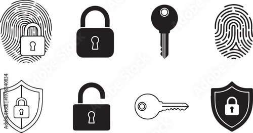 Cyber security icon set with padlocks and fingerprints, digital safety and data protection symbols, 8 black and white vector elements for web design isolated PNG with Transparent Background