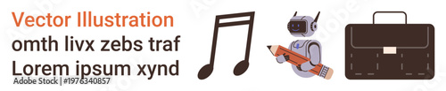 Business tools, education, technology, communication, music, and innovation. Robot holding a pencil and a musical note next to a briefcase. Education and technology concepts