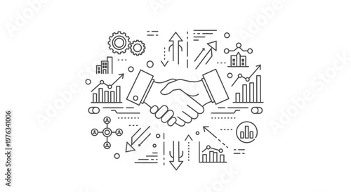 Handshake icon centered among rising and falling financial performance charts represents a successful partnership deal or a strategic corporate agreement between two entities in a competitive market.