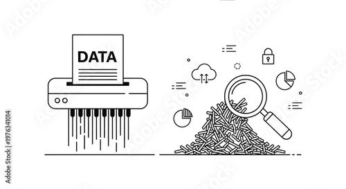 Data shredder destroys confidential information while a magnifying glass inspects a pile of shredded paper fragments to symbolize the complex process of data analysis and information security.