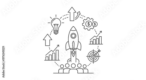 Teamwork concept illustration features a central rocket surrounded by circular icons of lightbulbs, financial graphs, and targets to visualize collaborative goal achievement and project success.