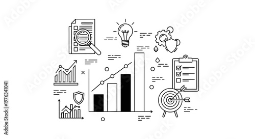 Infographic elements representing corporate growth and financial analysis are displayed in a clean linear style to provide professional visual aids for business presentations and strategic planning.