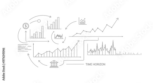 Graphs and financial charts demonstrate the progression of economic trends over a specific time horizon, illustrating growth, market volatility, and fiscal analysis for comprehensive business.