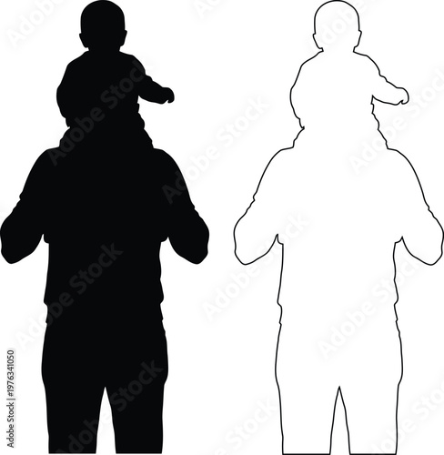 Adult carrying child on shoulders silhouette against clear background