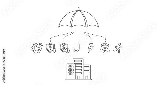 Umbrella provides a symbolic shield of protection for commercial buildings against various financial threats, market volatility, and external risks depicted through a series of distinct line icons.